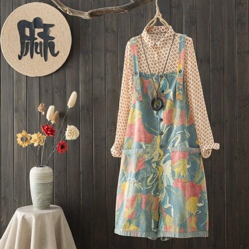 2021 New Style Color Printed Denim Jumpsuits Suspenders Strap Loose Pocket Wide Leg Pants Women Summer Jeans Overalls Rompers