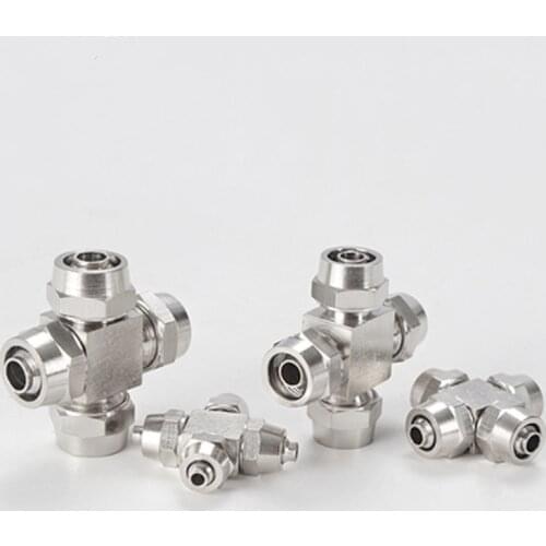 4 Way Port Copper Nickel Plating Pneumatic Fast Twist Fitting OD 6/8/10/12mm Hose Tube Quick Connector