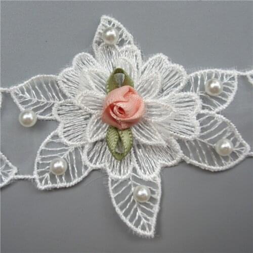 5x Polyester Pearl Rose Flower Lace Trim Embroidered Lace Ribbon Fabric Sewing Craft Costume Dress DIY Accessories 6cm*6.5cm