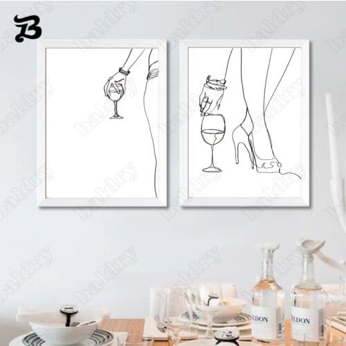 Abstract Line Art Canvas Painting Woman Holding Wine Glasses Poster and Prints Wall Pictures for Wine Lovers Bar Pub Home Decor