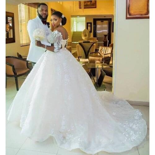 2020 African Long Sleeves Ball Gown Wedding Dresses Lace Flora Appliques Sheer Half Sleeves Bridal Gowns Arabic wedding gown