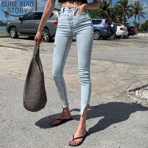 High Waist Jeans Woman Streetwear Stretch Ripped Hole Pencil Jeans Skinny Split Light Blue Casual Denim Trousers 2021 10397