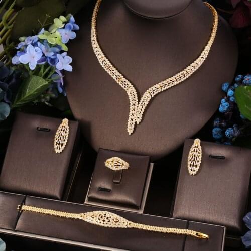 Janekelly 4pcs Bridal Zirconia Full Jewelry Sets For Women Party, Luxury Dubai Nigeria CZ Crystal Wedding Jewelry Sets