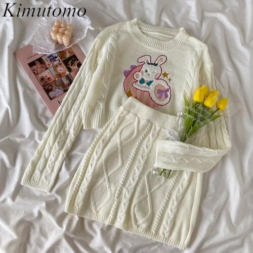 Kimutomo Sweet Cartoon Two Piece Set Women Autumn Korea Long Sleeve Twist Sweater High Waist Elastic Mini Skirt Knitwear Elegant