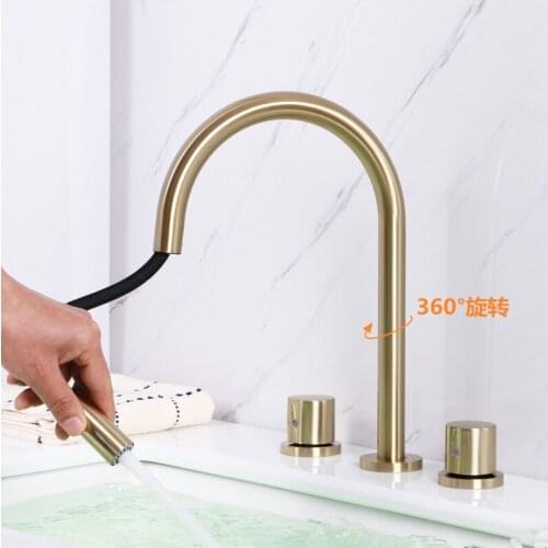 Brushed Gold and Black Single Handle Dual/Three Hole Pull Out Faucets Deck Mounted Hot & Cold Water Bathroom Basin Faucet