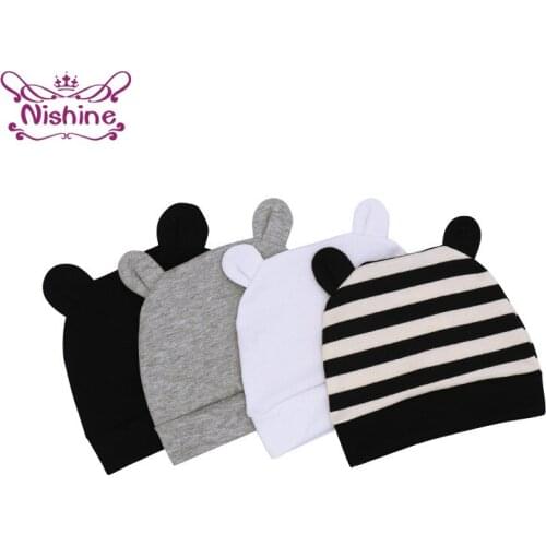 Nishine Fashion Single Layer Knitted Cotton Baby Girls Hat Solid Color Round Ears Toddler Beanie Caps Breathable Infant Headwear