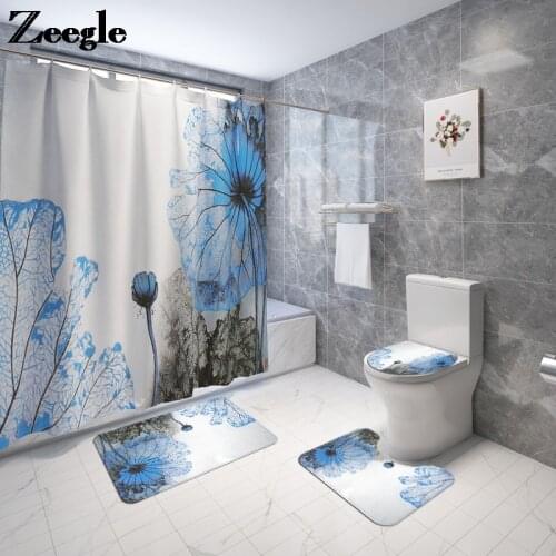 Traditional Style Floral Bath Mat and Shower Curtain Set Microsoft Toilet Seat Cover Mat Anti Slip Shower Floor Rugs