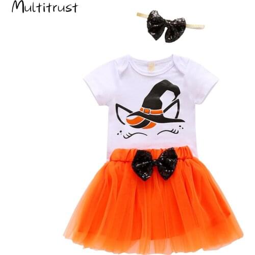 Infant Baby Girl Clothes Halloween Outfits 3-Piece Fashion Casual Short Sleeve Jumpsuit + Mesh Skirt + Hair Band Set