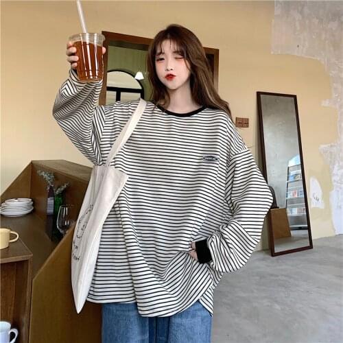 2021 autumn T-shirt college style color matching stripes Korean letter logo pullover loose and thin round neck top T-shirt