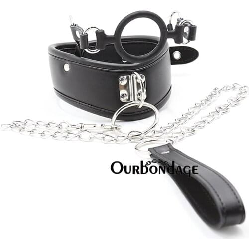 Ourbondage PU Leather BDSM Collar Sex Slave Necklace with Silicone Ring Gag and Leash For Women Fetish Adjustable Sex Toys