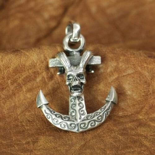 LINSION 925 Sterling Silver Devil Skull Anchor Pendant Mens Biker Punk Pendant TA142