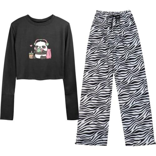 Casual Aesthetic Clothes Panda Crop Top Long Sleeve Women T Shirt Stripe Cotton Harajuku Fashion All-match High Waist Sweatpants