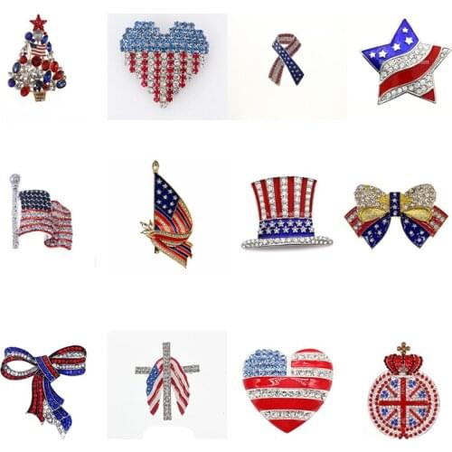 Silver Crystal Rhinestone American Patriotic Flag Brooch