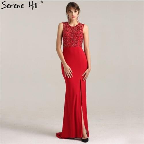 Sexy Side Split Red Mermaid Long Evening Dresses Crystal Beaded Cut Back Prom Dress Party 2020 Real Photo BLA6261