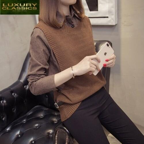 2021 Sweater Autumn Women Patchwork Fake Two Pieces Pullover Korean Style Winter Ladies Tops Spring Sueter Mujer LWL786