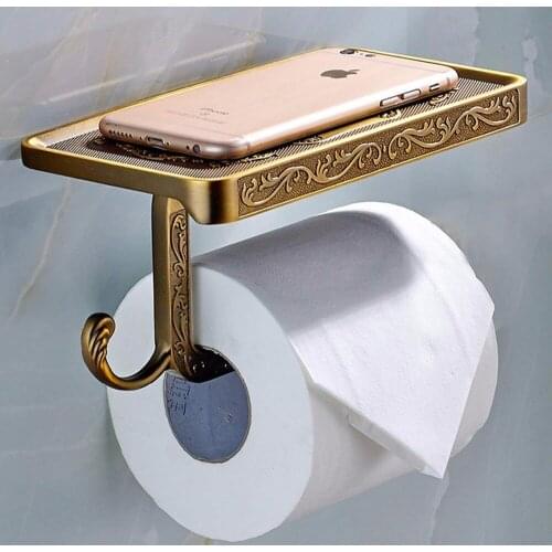 Bathroom Shelves Antique BrassCarving Toilet Roll Tissue Paper Rack with Phone Shelf Wall Mounted Bathroom Paper Holder Hook