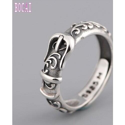S925 silver vintage Thai silver ring mens and womens fashion silver ring belt buckle rattan pattern ring