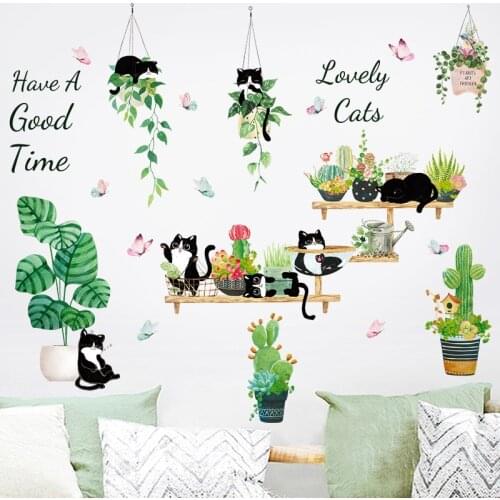 Green Plant Cat Potted Hanging Basket Self-Adhesive Wall Sticker Bedroom Porch Commercial Wall Decoration Wallpaper