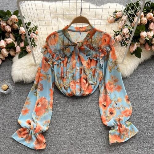 SINGREINY Women Sweet Floral Blouse Long Sleeve Bow Collar Single Breasted Casual Loose Tops Autumn Boho Print Chiffon Blouses