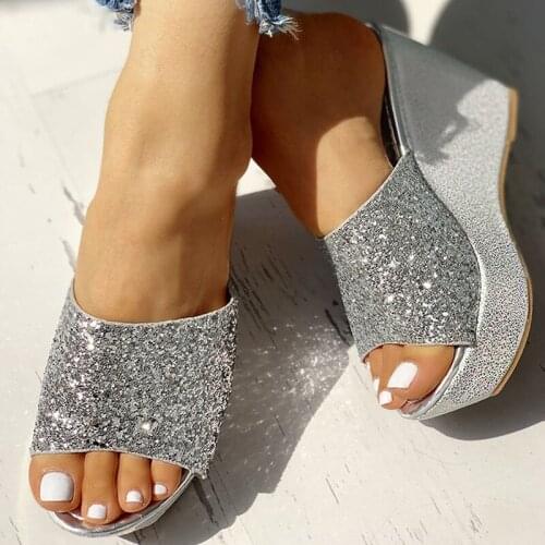 Women Bling High Heel Pumps Ladies Mules Wedding Shoes Wedges Slides Party Sandals Platform Slipper Peep Toe Zapatos De Mujer