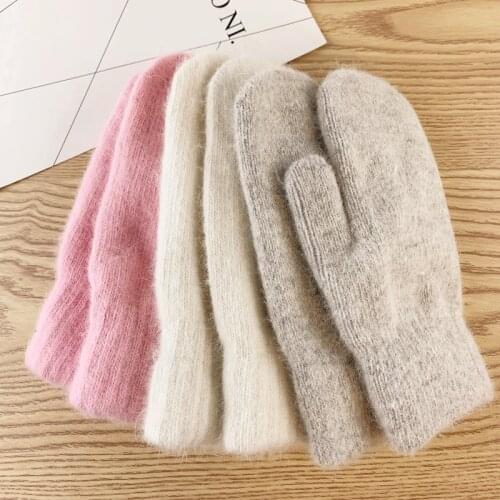 Double-layer Rabbit Hair Gloves Female Winter Korean Version of Solid Color All Fingers Winter Warm Women Gloves Girls Mittens