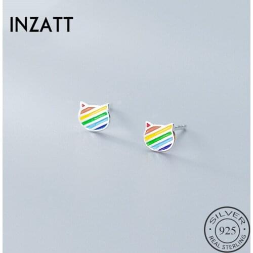 INZATT Real 925 Sterling Silver Enamel Rainbow Cat Stud Earrings For Fashion Women Fine Jewelry Minimalist Accessories ins Hot