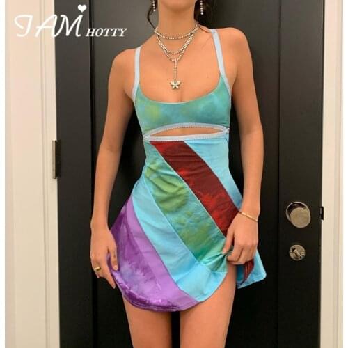 Striped Print Waist Hollow Out A-line Mini Dress Women Harajuku Y2K Straps Party Beach Dresses Aesthetic Sexy Sundress Iamhotty