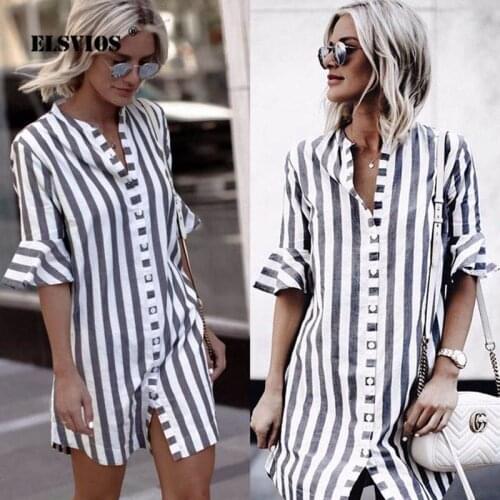ELSVIOS 2XL Elegant OL office Striped print Shirt Dress women Sexy V-neck half flare sleeve mini Dress 2019 Summer Beach Dresses