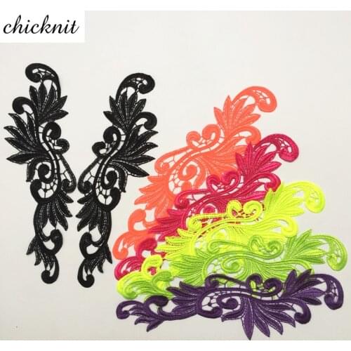 CHICKNIT 1 pair fluorescent color Embroidery lace flower Applique patch for Sewing Tango Latin dance ballet costumes Dress DA004
