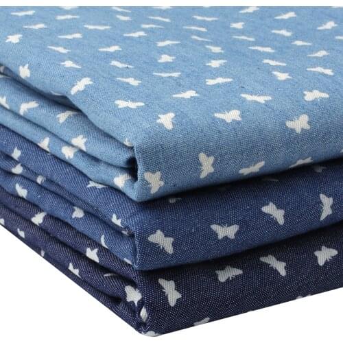 Denim Fabric By Half The Meter White Butterfly Printed Cloth Sheet Dress Making Sewing Materials DIY Craft Supplies 50*150cm 1pc