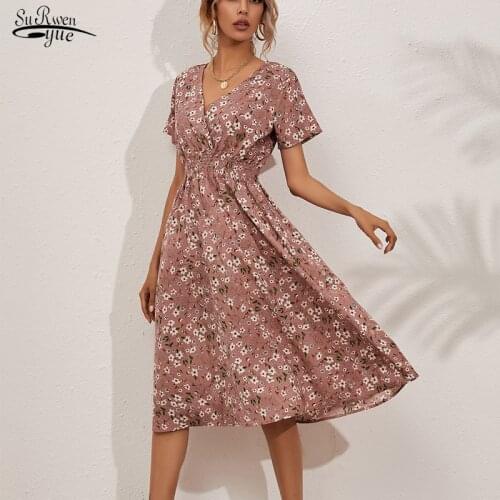 2021 Summer Floral Printing Beach Dress V Neck Vintage White Party Dresses New Plus Size Midi Dress 7-color Vestidos 14872