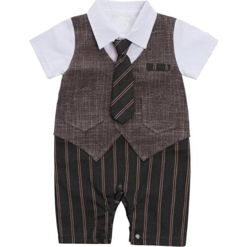 Newborn Romper Striped Tie Overalls for Children Baby Clothes Boy Short-sleeve Gentleman Jumpsuit 6-24 Months