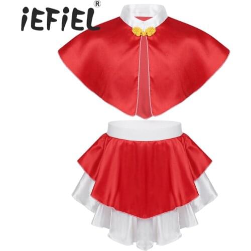 Children Girls Red Santa Christmas Kids Xmas Santa Satin Cape with Skirt Dance Show Fancy Dress Set for Dress Up Party Clothes