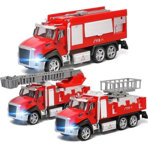 Simulation Fire Engine Model Alloy Vehicles Ladder Truck Collection Pull Back Car Kids Toy