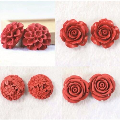 Fashion synthesis red cinnabar carving fine flower pendants diy jewelry accessories beads 2pcs B957
