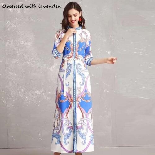 Obsessed with lavender.New stylish ladies summer blue retro fresh dress elegant printing atmosphere long dress spring beach