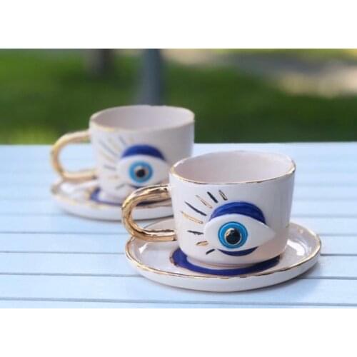One Piece Evil Eye Handmade High Quality Ceramic Coffee Tea Espresso Latte Cup and Saucer Office Cafe Modern