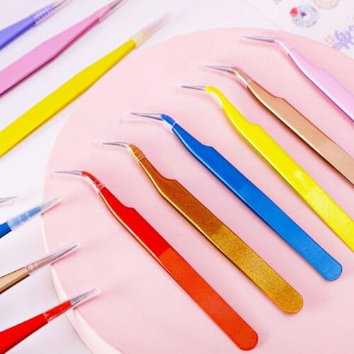 2022 new stainless steel candy color straight + curved tweezers anti-static hand account repair craft tweezers tool
