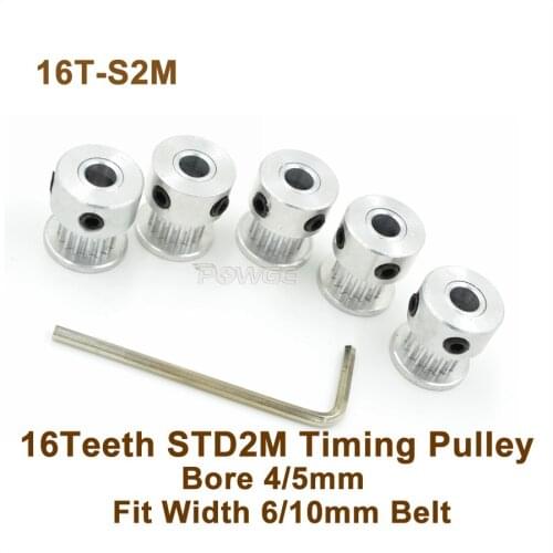 POWGE 16 Teeth S2M Timing Pulley Bore 4/5mm Fit Width=6/10mm STD2M Synchronous Belt 16T 16Teeth S2M Timing Belt Pulley 16-S2M