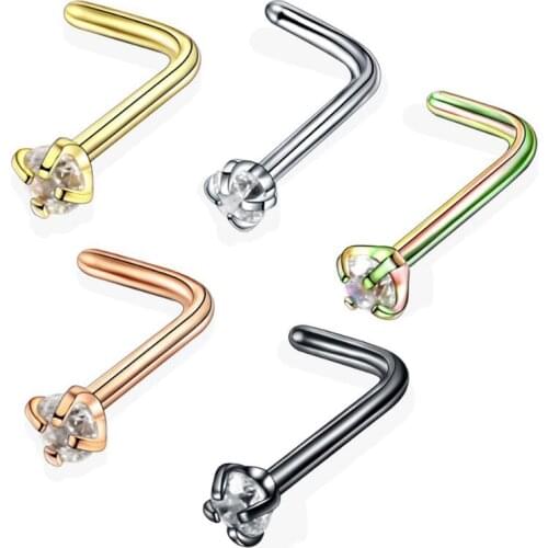 2Piece 0.8x7x2mm nostril nose stud L Shape nose ring Round Zircon Nose Studs Ring Twist Screw Nose Septum Piercing Body Jewelry