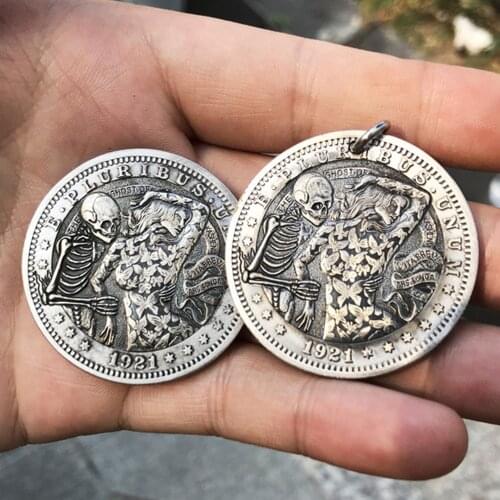 US HOBO 1921 Skull Zombie Skeleton Beauty Metal Badge Hand Carved Morgan Commemorative Coin Necklace