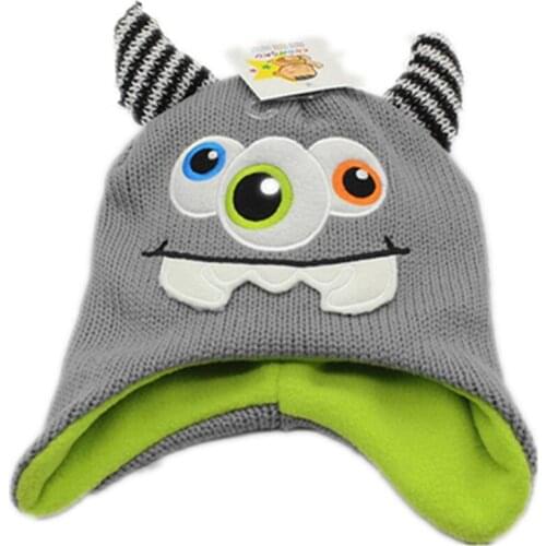 Cartoon One Eye monster Devil Knitting Cotton Beanies Cap Plush Winter Warm Cute 3 eyes Toothy with Horn Kid Fleece Lining Hat