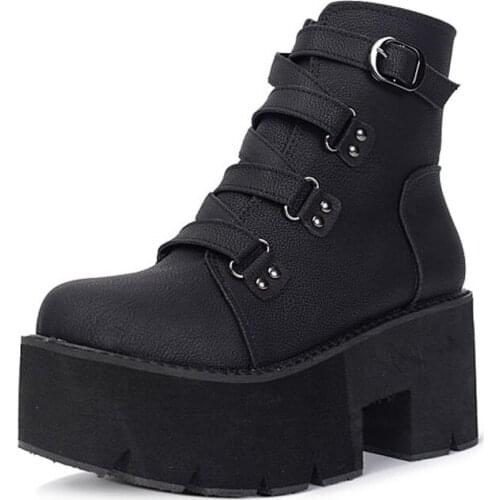 Women Shoes Platform Heels Round Toe High Heel Boots Buckle Black Platform Shoes Autumn Ankle Boots Punk Shoes YMA442