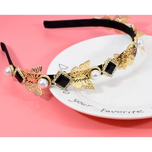 Summer Handmade Fashion ladies gold Butterfly Headband pearl crystal headwear women Vintage Cute alloy wild hair Accessories