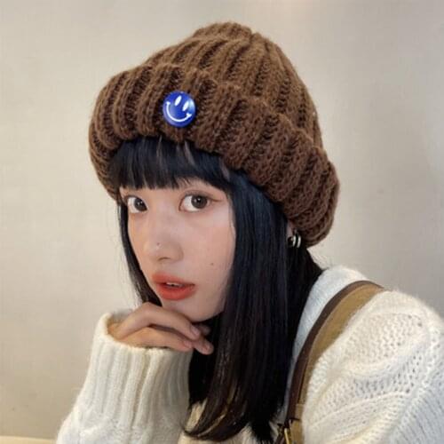 Big Head Around Thick Knitting Show Face Small Smiling Face Wool Hat, Female Autumn And Winter Ear Protection Warm Pile Hat Tide