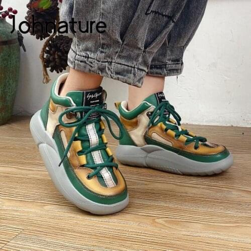 Johnature Genuine Leather Shoes Women Boots Lace-up Mixed Colors Round Toe 2021 New Leisure Sewing Handmade Platform Boots