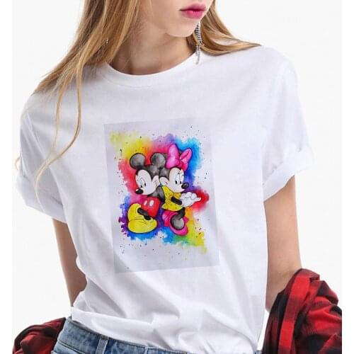 Women T Shirts Summer Short Sleeve Casual O-neck White Loose Female Tshirts Watercolor Minnie Mickey Mouse Print Harajuku Tops