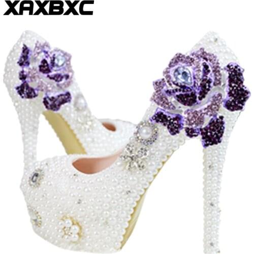 XAXBXC 2018 New Summer Spring Rhinestone Crystal Purple Flower Pear Pumps High Heels Women Bride Bridesmaid Party Wedding Shoes