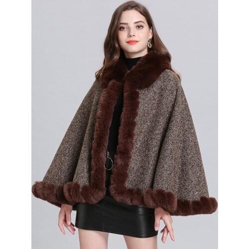 ZJZLL Autumn And Winter Women New Fashion Imitation Fox Fur Solid Short Shawl Collar Plus Velvet Warm Knitted Cardigan Poncho