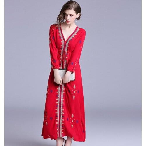 Red Casual Dresses For Women 2019 Long Sleeve V Neck Mexican Embroidered Dress Maxi Boho Vintage Robe Femme Ete 2019 DD1909